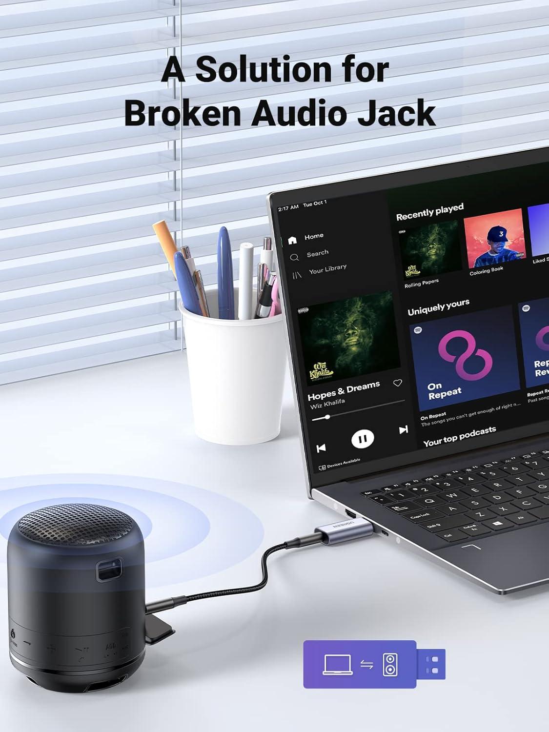 imageUGREEN USB to Audio Jack USB External Sound Card 35mm Audio Adapter 2 in 1 USB A to Aux TRRS Headphone Adapter Microphone Stereo Jack Aluminum Compatible with PS5 PC Windows Mac Linux Laptop DesktopSilver