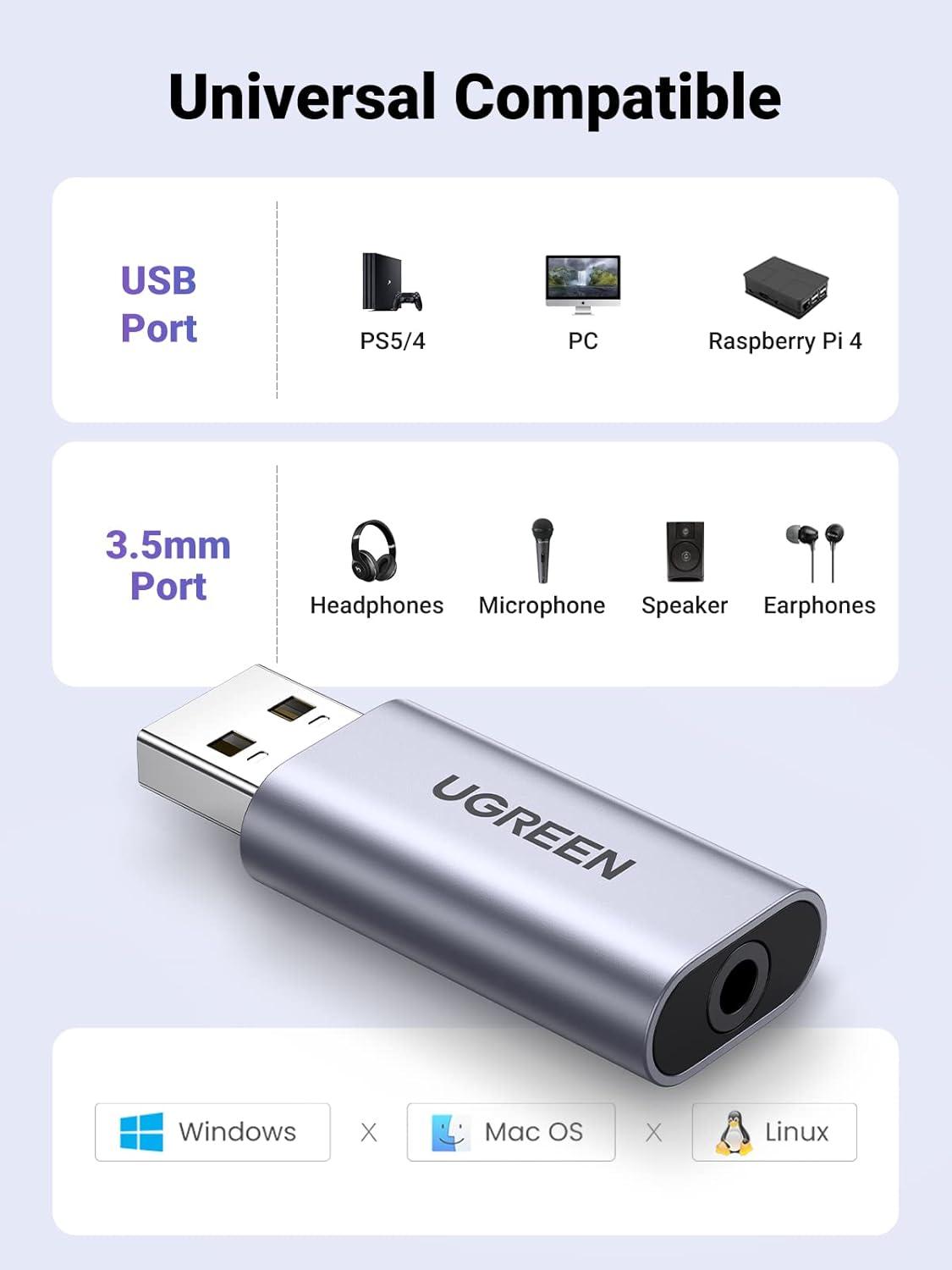 imageUGREEN USB to Audio Jack USB External Sound Card 35mm Audio Adapter 2 in 1 USB A to Aux TRRS Headphone Adapter Microphone Stereo Jack Aluminum Compatible with PS5 PC Windows Mac Linux Laptop DesktopSilver
