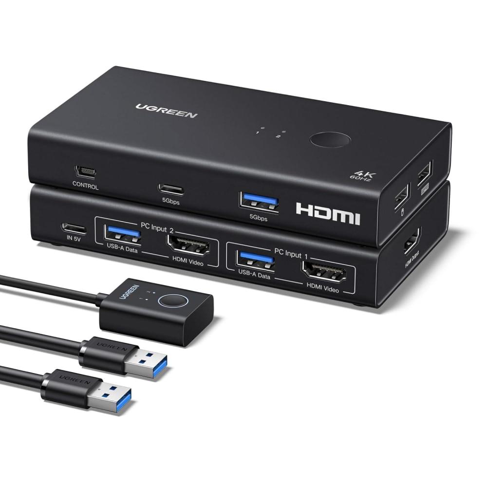 imageUGREEN HDMI KVM Switch 1 Monitor 2 Computers 4K60Hz with 4 USB 30 Ports KVM Switches for 2 Computers Share One HDMI Monitor Keyboard Mouse Hard Drives Webcam with 2 USB Cables Controller