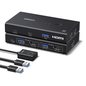 UGREEN HDMI KVM Switch 1 Monitor 2 Computers, 4K@60Hz with 4 USB 3.0 Ports KVM Switches for 2 Computers Share One HDMI Monitor Keyboard Mouse Hard Drives Webcam with 2 USB Cables, Controller