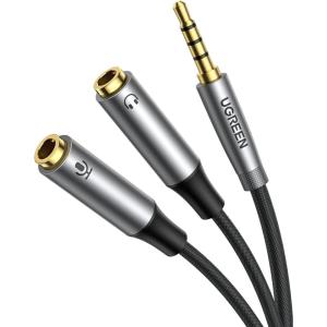 UGREEN Headphone Splitter Headset Splitter Audio Mic Y Adapter Braided 3.5mm TRRS Male to 2 Female Cable with Mic Compatible with PS5/Xbox One Controller, Switch 2, Phone to Earphone, Gaming Speaker