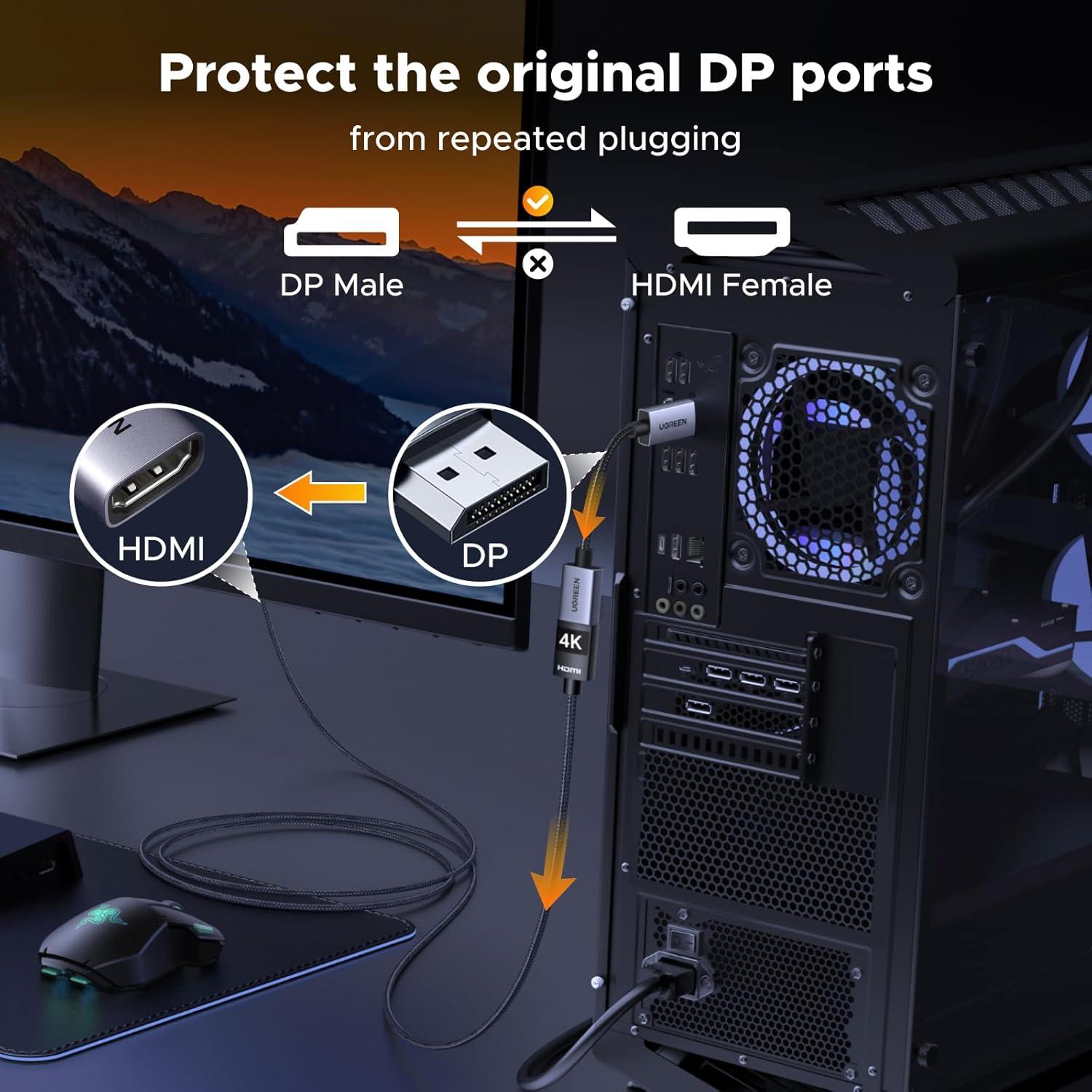 imageUGREEN 2 Pack 4K DisplayPort to HDMI Adapter Unidirectional DP 12 PC to HDMI 14 Converter Braided Cable Male to Female for Desktop Projector Monitor Compatible with AMD NVIDIA Passive 066FT1