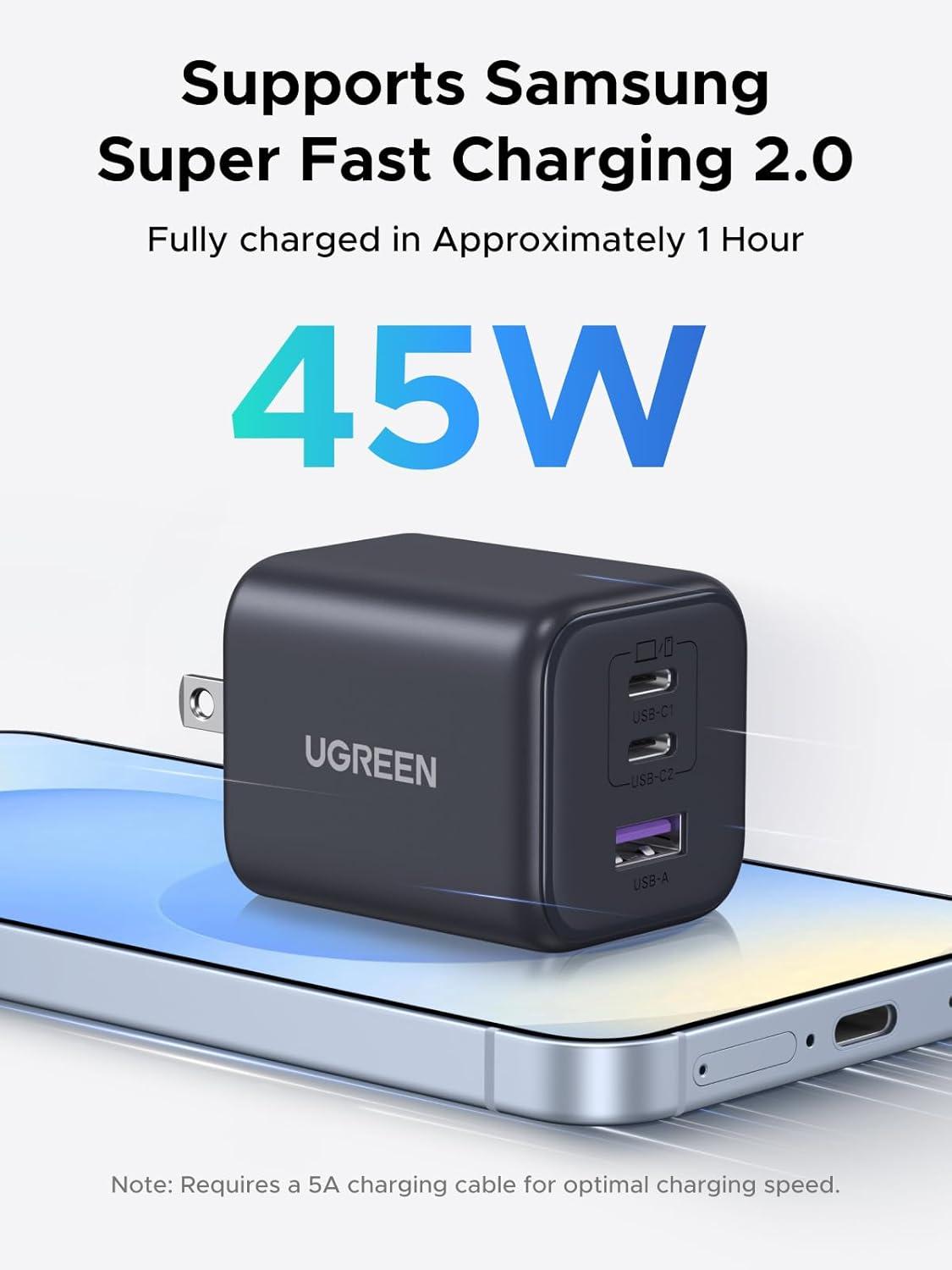 imageUGREEN 45W GaN 3Port Fast Charger 100W USBC to USBC Fast Charge Cable 66 ft Universal PDPPS SuperCharge Bundle for Laptop Phone amp Tablet