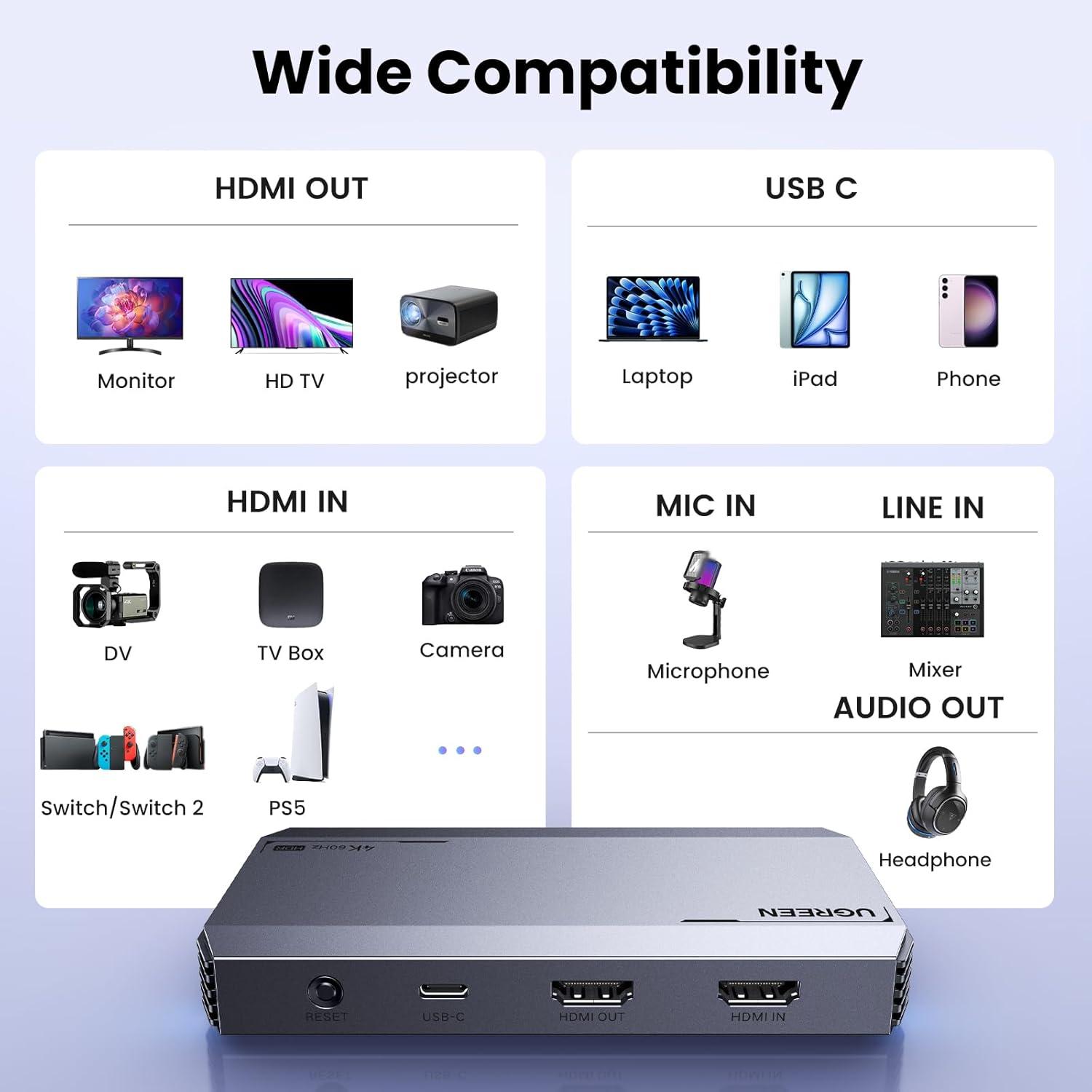 imageUGREEN 4K60Hz Capture Card Ultra HD HDMI Video Capture Card 1080P240Hz USB 30 UltraLow Latency with VRR and HDR for Streaming Gaming Recording Compatible with iPad Switch 2 PS5 Xbox PC Mac