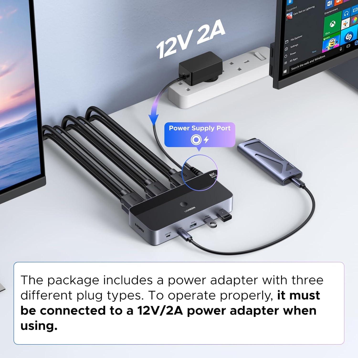 imageUGREEN 8K60Hz HDMI KVM Switch 2 Monitors 2 Computers with 4 USB 30 Ports for 2 Computers Sharing Dual Monitors Keyboard Mouse Printer with 4 HDMI Cables 2 USB Cables Power Adapter and Controller