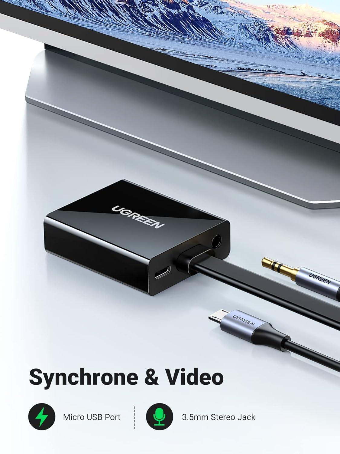 imageUGREEN Active HDMI to VGA Adapter with 35mm Audio Jack HDMI Male to VGA Female up to 1080P for PC Laptop Ultrabook Raspberry Pi Chromebook Black