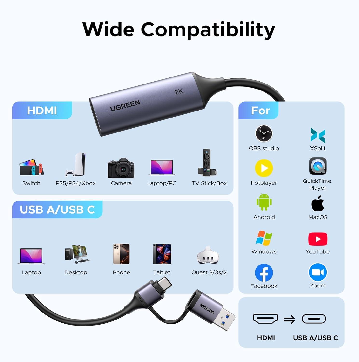imageUGREEN Full HD 1080P Capture Card 4K HDMI to USB 20 Bundle with 2K30Hz Video Capture Card HDMI to USB 30 A and USB C 4K Input