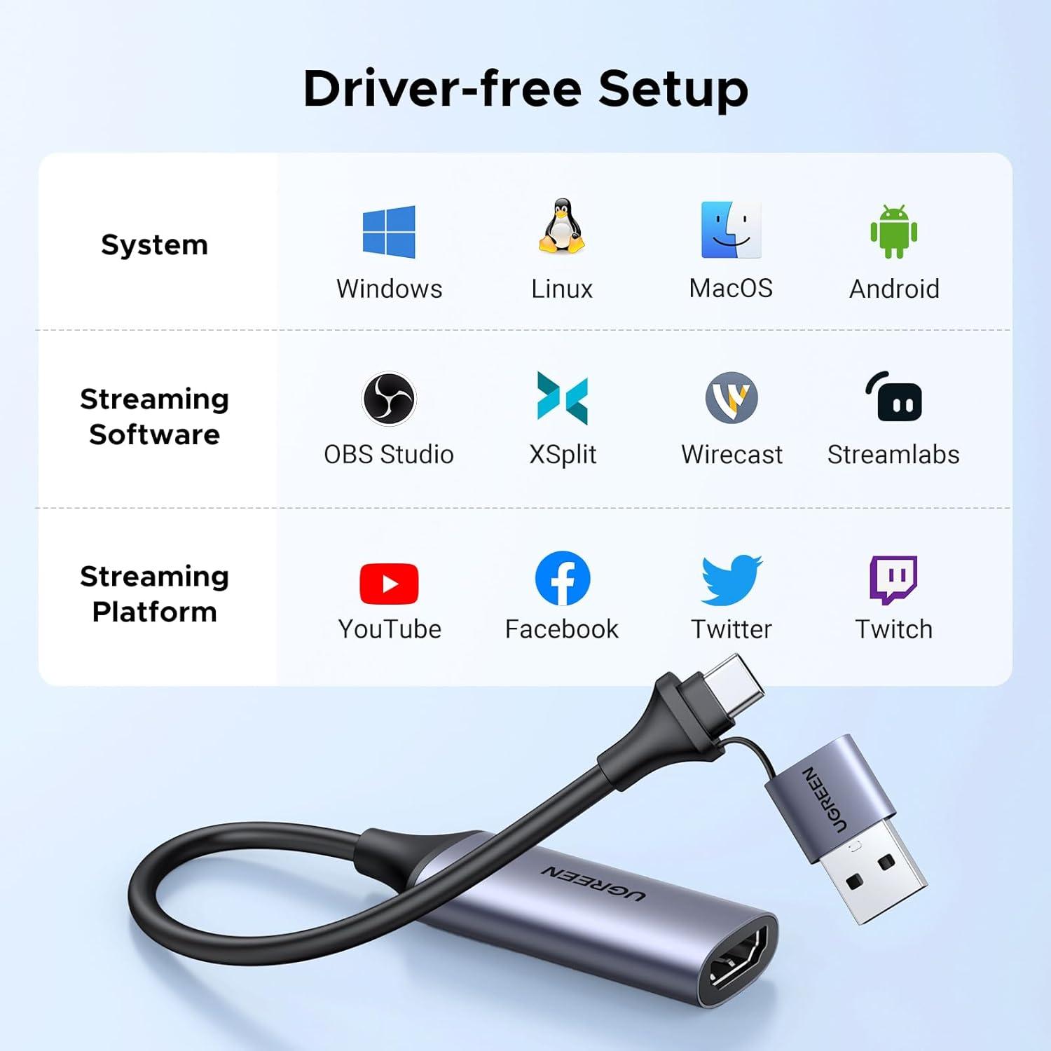 imageUGREEN Full HD 1080P Capture Card 4K HDMI to USB 20 Bundle with 2K30Hz Video Capture Card HDMI to USB 30 A and USB C 4K Input