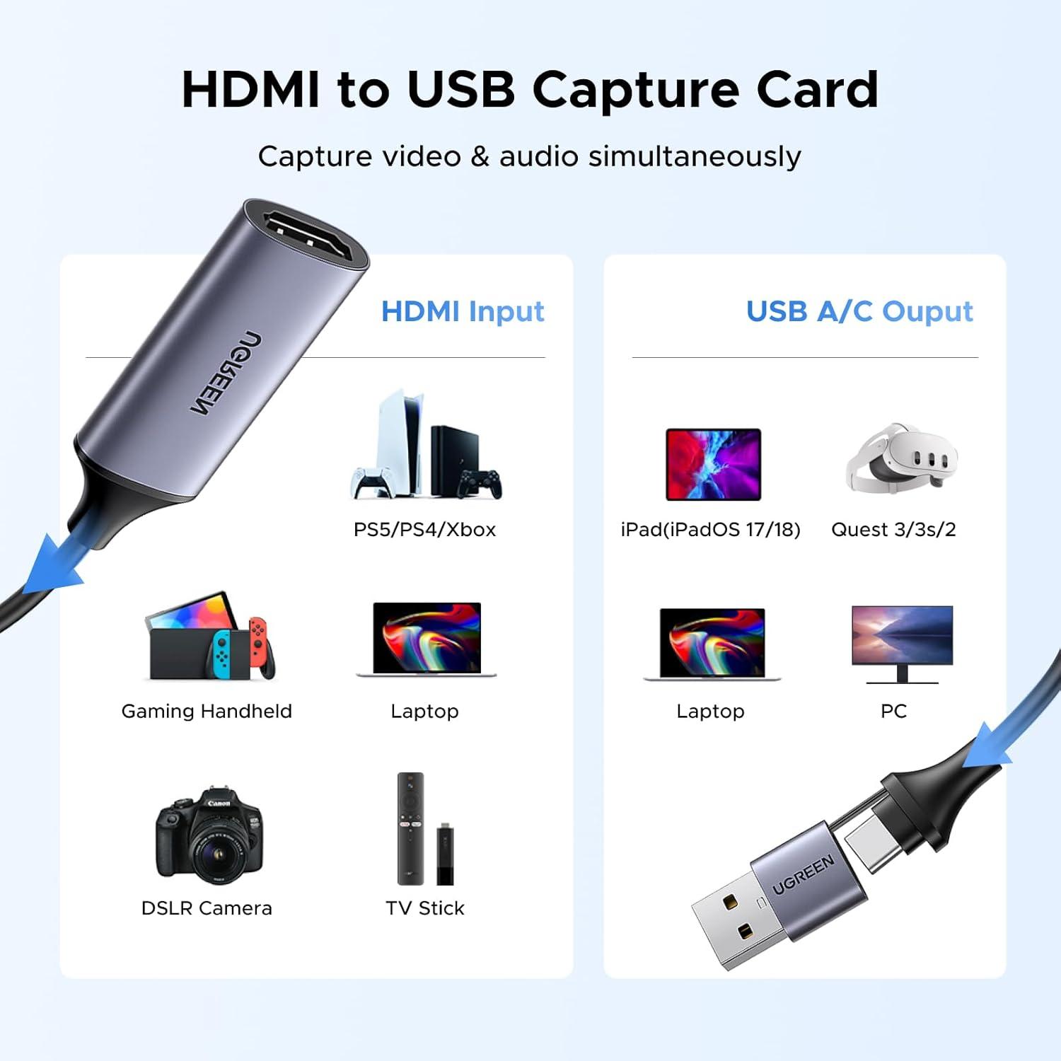 imageUGREEN Full HD 1080P Capture Card 4K HDMI to USB 20 Bundle with 2K30Hz Video Capture Card HDMI to USB 30 A and USB C 4K Input