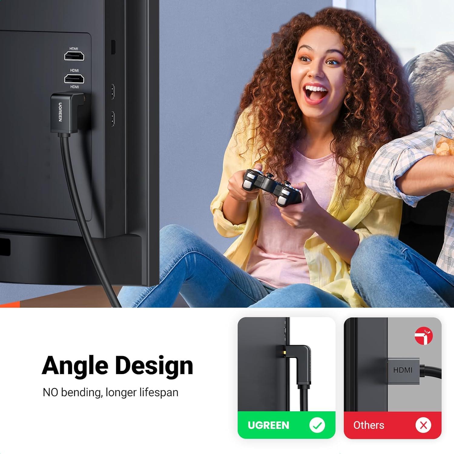 imageUGREEN HDMI Cable Right Angle 4K 90 Degree HDMI Cord High Speed Down Angle HDMI 20 Cable 4K60Hz HD 3D 1080P ARC Compatible for Laptop Monitor Nintendo Switch 2 Xbox PS5 PC TV 33FT66FT
