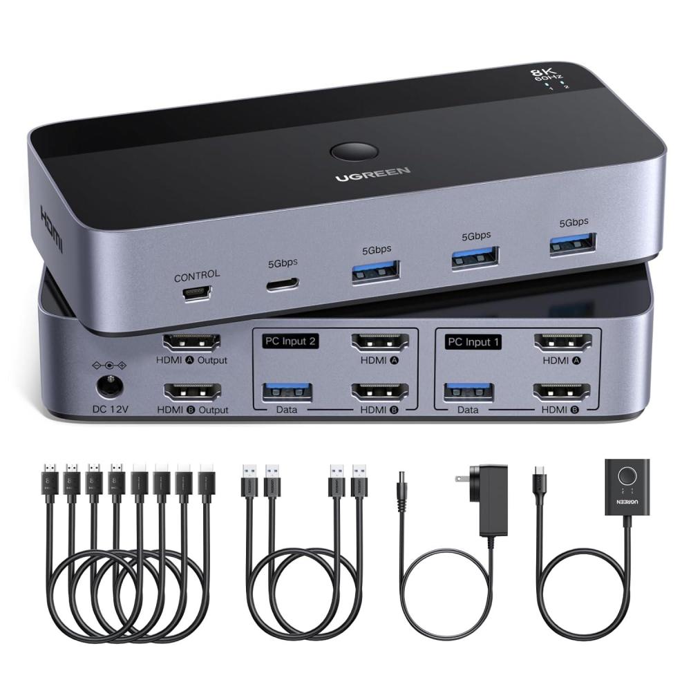imageUGREEN 8K60Hz HDMI KVM Switch 2 Monitors 2 Computers with 4 USB 30 Ports for 2 Computers Sharing Dual Monitors Keyboard Mouse Printer with 4 HDMI Cables 2 USB Cables Power Adapter and Controller