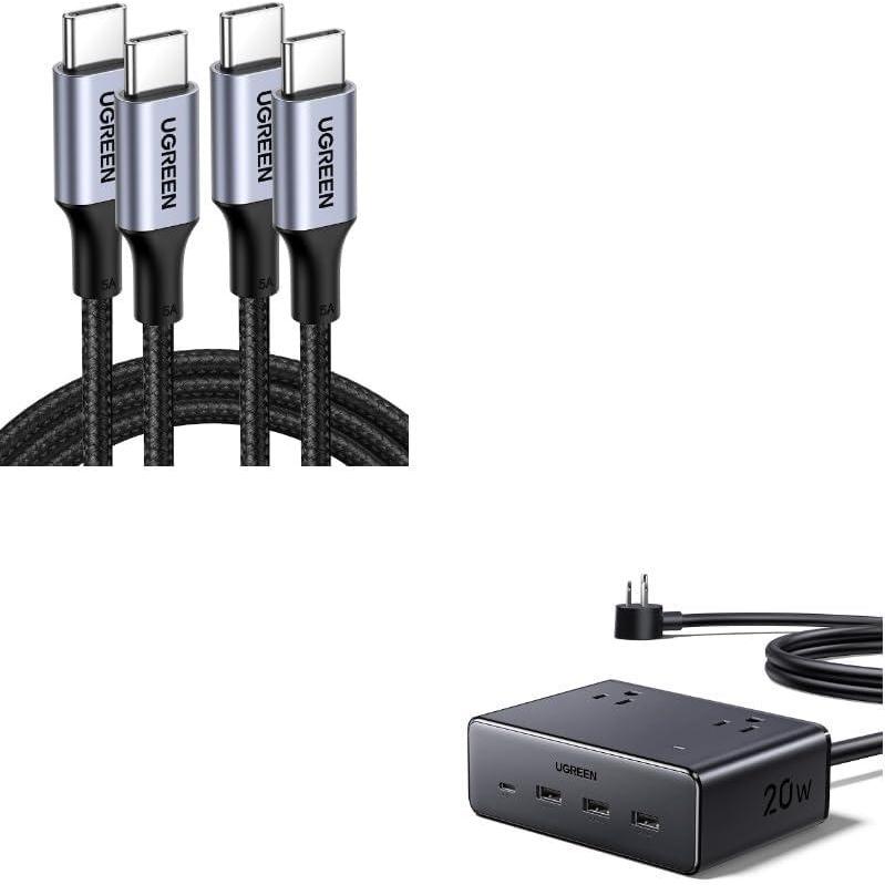 imageUGREEN 8in1 GaN Power Strip 100W USBC Cable 2Pack Bundle Fast Charging Station with 4 AC Outlets amp 4 USB Ports HighSpeed USBC Cable for Laptop Phone amp Tablet