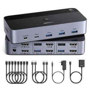 UGREEN 8K@60Hz HDMI KVM Switch 2 Monitors 2 Computers, with 4 USB 3.0 Ports for 2 Computers Sharing Dual Monitors Keyboard Mouse Printer with 4 HDMI Cables, 2 USB Cables, Power Adapter and Controller