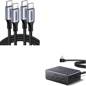 UGREEN 8-in-1 GaN Power Strip + 100W USB-C Cable (2-Pack) Bundle — Fast Charging Station with 4 AC Outlets & 4 USB Ports + High-Speed USB-C Cable for Laptop, Phone & Tablet