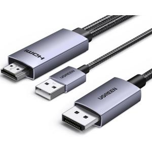 UGREEN Active HDMI to DisplayPort Male Unidirectional Cable with USB Powered 4K@60Hz 1080P@120Hz HDMI to DP Display HDR, Dolby, HDCP2.3, Braided 6.6FT Compatible with Laptop, PC, PS5, Xbox, Switch