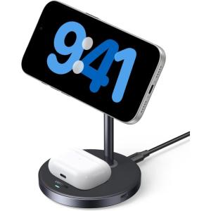 UGREEN Qi2 15W 2-in-1 Wireless Charging Stand, Fast Wireless Charger for iPhone 17 16 15 14 13 12 Series and AirPods, Dual Device Charging, MagSafe Charger Desk Charging Station for Home Office