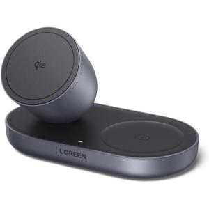 UGREEN Qi2 15W Wireless Charger 2-in-1, MagSafe Compatible Fast Charging Stand for iPhone 17 16 15 14 13 12 Series and AirPods, Fixed Viewing Angle, Compact Desktop Charging Station