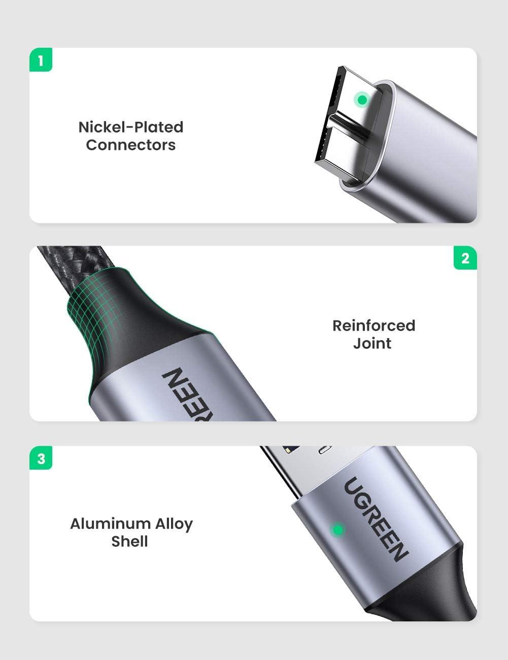 imageUGREEN Micro USB 30 Cable USB 30 A to Micro B Cord Nylon Braided External Hard Drive Cable Compatible with Samsung Galaxy S5 Note 3Pro 122 Western Digital Toshiba My Passport etc 6 FT15 ft