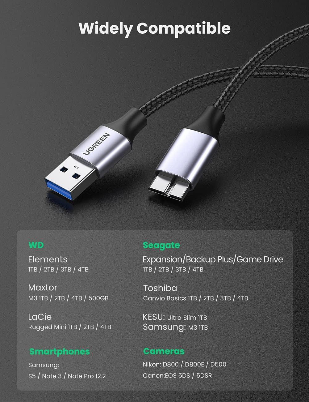 imageUGREEN Micro USB 30 Cable USB 30 A to Micro B Cord Nylon Braided External Hard Drive Cable Compatible with Samsung Galaxy S5 Note 3Pro 122 Western Digital Toshiba My Passport etc 6 FT15 ft