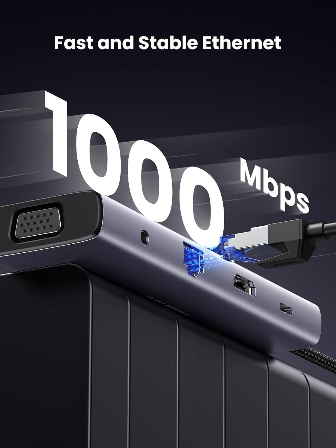 imageUGREEN USB C Hub USBC 10in1 Dongle with Dual Monitor 4K HDMI and VGA 1Gbps Ethernet 100W PD 3 USB 30 Ports 35mm Audio Jack SDTF Card Slots Multi Adapter